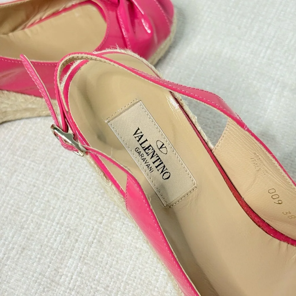 Valentino Garavani Fuchsia Patent Bow Wedge Sandals EU 38 US 8 Box
